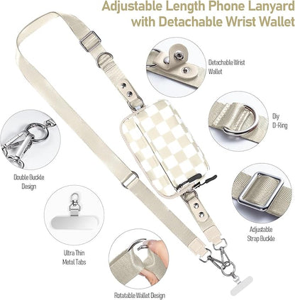 Clip and Go Strap for Phone with Wallet Crossbody Phone Lanyard and Detachable Checkered Bag with ID Window and RFID Pouch for Daily Travel.