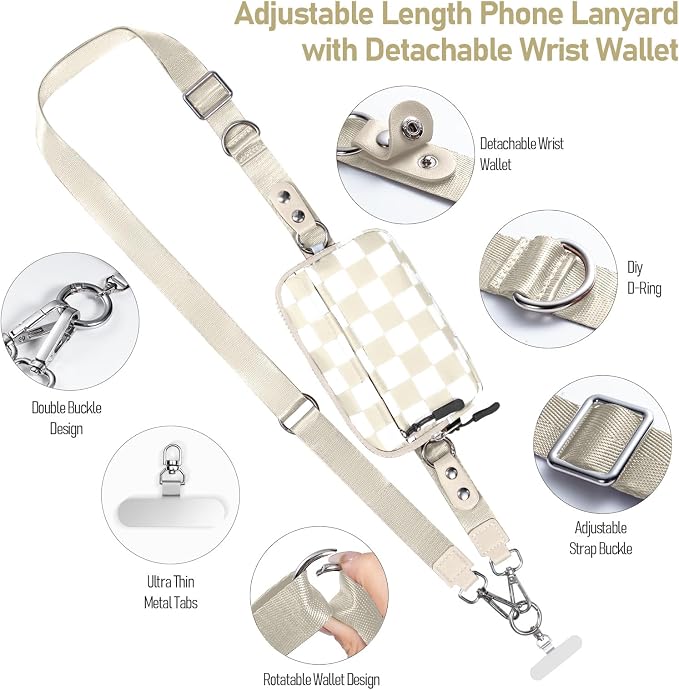Clip and Go Strap for Phone with Wallet Crossbody Phone Lanyard and Detachable Checkered Bag with ID Window and RFID Pouch for Daily Travel.