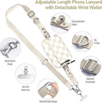 Clip and Go Strap for Phone with Wallet Crossbody Phone Lanyard and Detachable Checkered Bag with ID Window and RFID Pouch for Daily Travel.