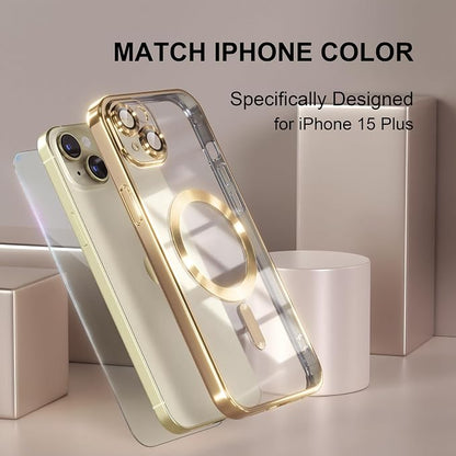 Misea Magnetic for iPhone 15 Plus Case Compatible with MagSafe [Never Yellowing] [Military Grade Drop Protection] Full Camera Lens Protector Plating Soft Clear Phone Case for Women, Gold