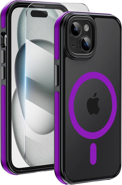 3 in 1 for iPhone 15 Plus Case with MagSafe, Screen Protector*1 Shockproof Guard Corners,Military-Grade Protection for iPhone 15 Plus Phone Case 6.7 inch Purple Bumper