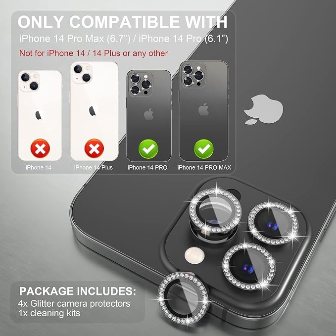 Choiche Compatible for iPhone 14 Pro/iPhone 14 Pro Max Camera Lens Protector Bling, 9H Tempered Glass Camera Cover Screen Protector Metal Ring Decoration Accessories (Diamond-Black)