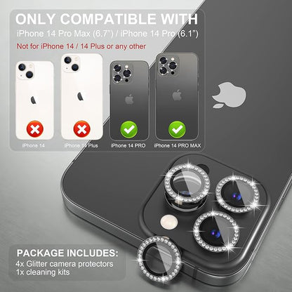 Choiche Compatible for iPhone 14 Pro/iPhone 14 Pro Max Camera Lens Protector Bling, 9H Tempered Glass Camera Cover Screen Protector Metal Ring Decoration Accessories (Diamond-Black)