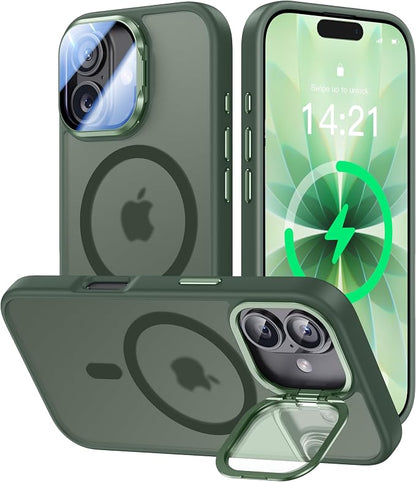 [Upgraded Full Camera Protection] for iPhone 17 Case with Camera Cover Stand [Fit for MagSafe][10FT Mil-Grade Protection] Translucent Magnetic iPhone 17 Phone Case, Green