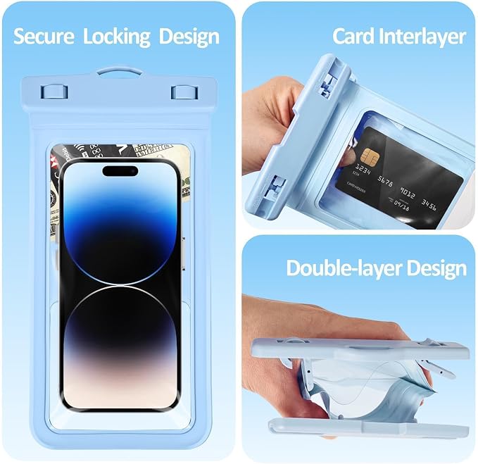 MOLOPPO Waterproof Phone Pouch, with Interior Card Holder, Large Dry Phone Case for iPhone 17 16 15 14 13 Pro Max, Beach Vacation Essentials,1 Pack,Blue