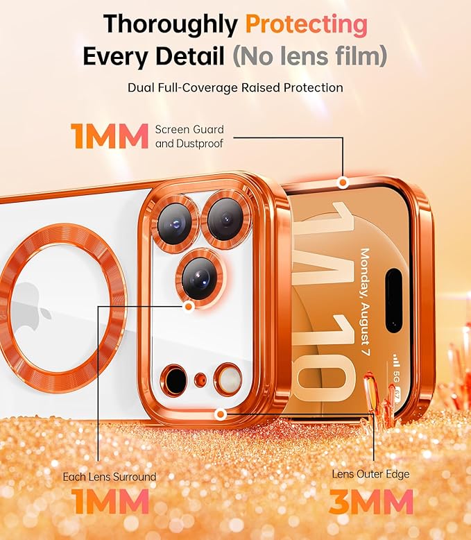 Meifigno Designed for iPhone 17 Pro Max Magnetic Case with Removable Phone Ring Stand, Glitter Card & Wrist Strap, Compatible with MagSafe, Built in Mirror, Phone Ring Holder + Case Kit, Orange