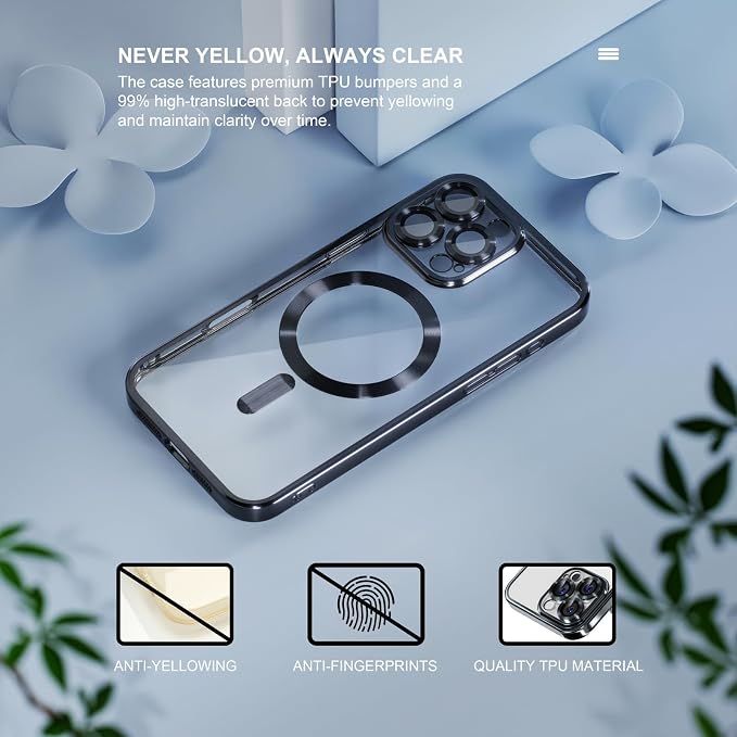 Misea Magnetic for iPhone 16 Pro Case Compatible with MagSafe [Never Yellowing] [Military Grade Drop Protection] Full Camera Lens Protector Plating Soft Clear Phone Case for Women 6.3", Black