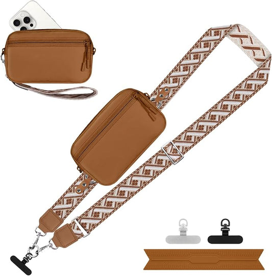 YFWE Clip and Go Strap for Phone with Wallet Crossbody, Adjustable Phone Lanyard with Detachable RFID Wristlet Wallet, Pattern Strap - Bronze(L)
