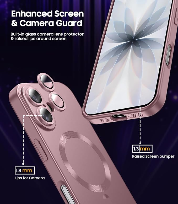 Magnetic for iPhone 17 Case [Compatible with MagSafe][Built-in Camera Lens Protector] Slim Thin Soft Silicone Bumper Shockproof Metallic Luster Phone Case (Rose Gold)