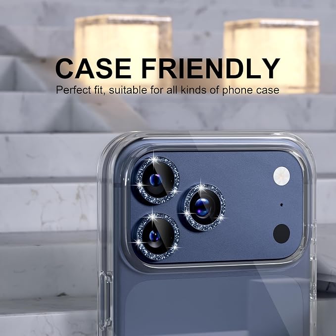 Choiche Compatible for iPhone 17 Pro/iPhone 17 Pro Max Camera Lens Protector Bling, 9H Tempered Glass Camera Cover Screen Protector Metal Ring Decoration Accessories (Glitter-Blue)