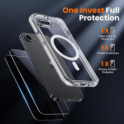 3 in 1 for iPhone 16E/17E Case Clear, Yellowing-Resistant Acrylic Back, Shockproof Guard Corners, Military-Grade Protection for iPhone 16e & 17e 6.1 inch Clear Bumper