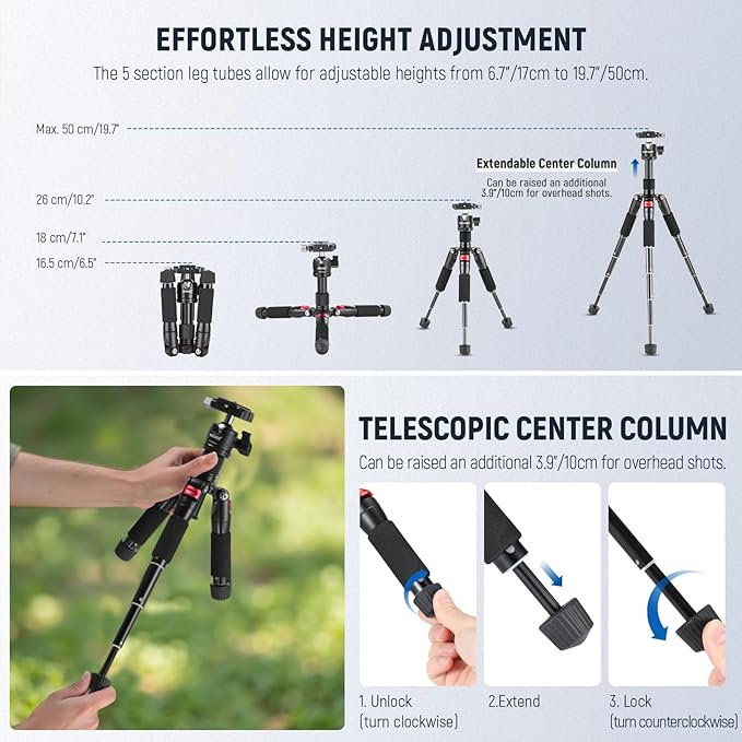 NEEWER Portable Travel Mini Tabletop Tripod, Aluminum Alloy 20''/ 50cm Desktop Desk Tripod with 360 Degree Ball Head, 1/4" Quick Shoe Plate for DSLR Camera Video Camcorder, Max Load 11 lb/5 kg
