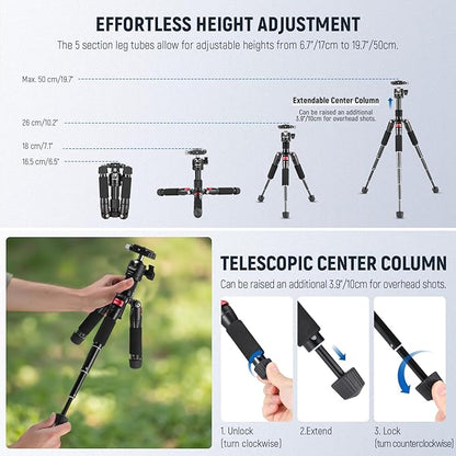 NEEWER Portable Travel Mini Tabletop Tripod, Aluminum Alloy 20''/ 50cm Desktop Desk Tripod with 360 Degree Ball Head, 1/4" Quick Shoe Plate for DSLR Camera Video Camcorder, Max Load 11 lb/5 kg