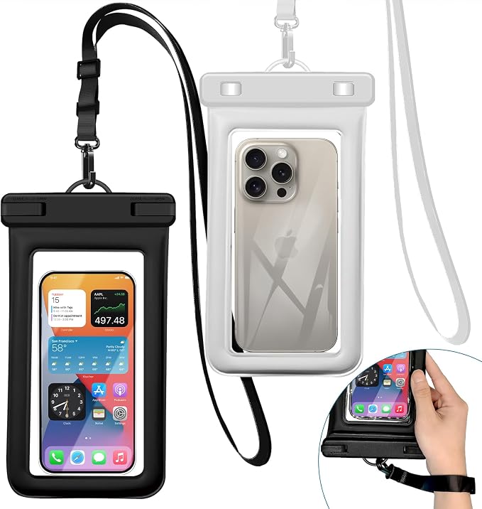 IPX8 Floating Waterproof Phone Pouch 2-Pack ,7.2 Inch Waterproof Dry Bag16/15/14 Pro Max Galaxy S24/S23 Adjustable Lanyard + wrist strap Beach Swimming Travel Essentials Black white