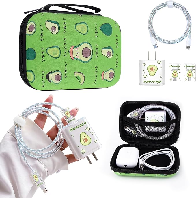 CameCosy DIY Phone Charger Cover Storage Sets Cable USB Earphone Wire Saver Organizer with Travel Storage Bag, Soft Cute Cable Protector Phone Charger Protector Compatible for iPhone(Avocado)
