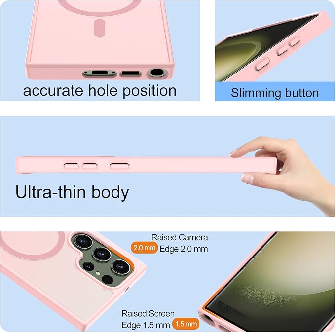 For Samsung Galaxy S23 Ultra Case [Compatible with Magsafe] Translucent Matte Magnetic S23 Ultra Phone Case,SlimThin Duty Shockproof Protection Cover with 2pc HD Screen Protector for S23 Ultra-Pink