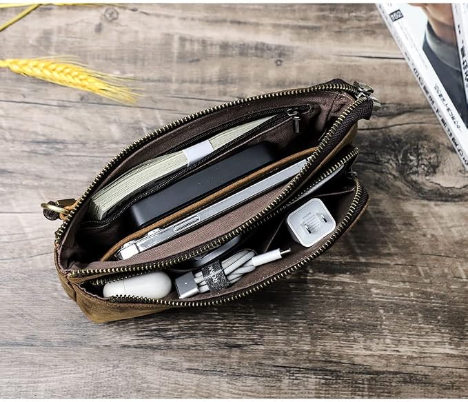 CONTACTS Crazy Horse Leather Travel Electronic Organizer Cables Chargers Accessories Storage Case Holder Clutch Bag with 3 Compartments