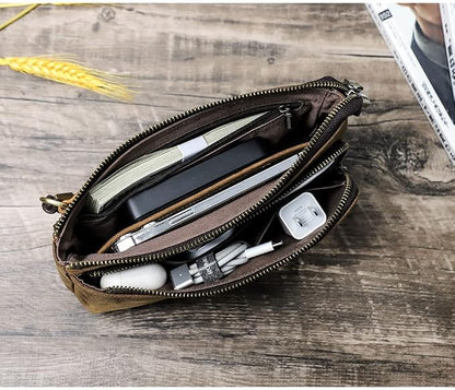 CONTACTS Crazy Horse Leather Travel Electronic Organizer Cables Chargers Accessories Storage Case Holder Clutch Bag with 3 Compartments