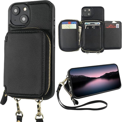 Bocasal RFID Blocking Wallet Case for iPhone 14 Plus, Adjustable Crossbody Zipper Purse Case Card Holder with Kickstand Detachable Wrist Strap, PU Leather Flip Folio Case 6.7 Inch 5G (Black)