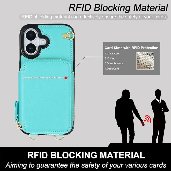 Bocasal Crossbody Wallet Case for iPhone 17, RFID Blocking Leather Purse Case with Card Holder, Protective Handbag Flip Cover with Zipper Wrist Strap Lanyard for Women 5G 6.3 Inch (Mint Green)