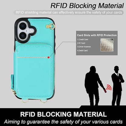Bocasal Crossbody Wallet Case for iPhone 17, RFID Blocking Leather Purse Case with Card Holder, Protective Handbag Flip Cover with Zipper Wrist Strap Lanyard for Women 5G 6.3 Inch (Mint Green)