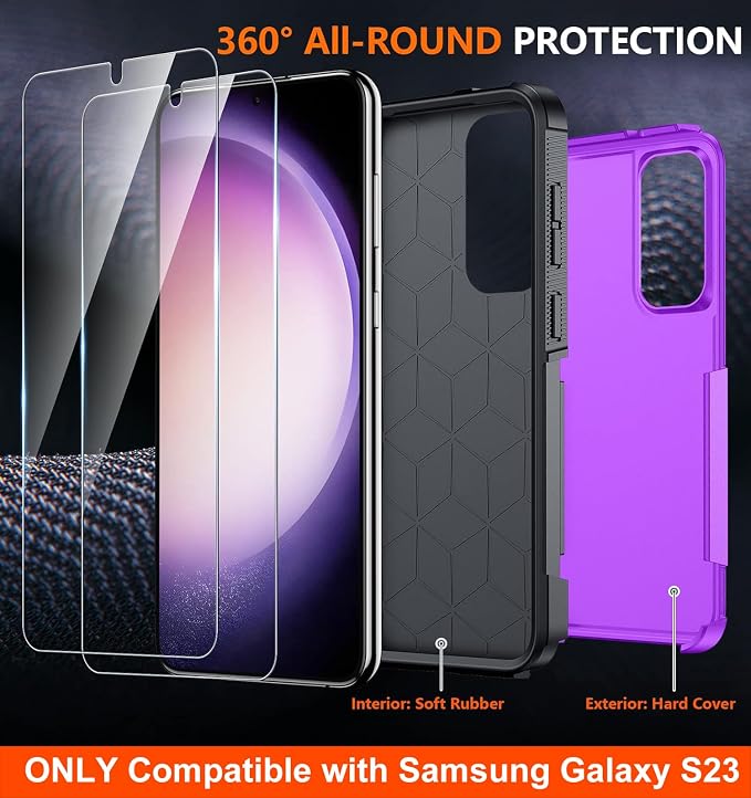 SPIDERCASE Designed for Samsung Galaxy S23 Case, [10 FT Military Grade Drop Protection], 2 Pack [Tempered Glass Screen Protector+Camera Lens Protector] Heavy Duty Shockproof Case, Dark Purple
