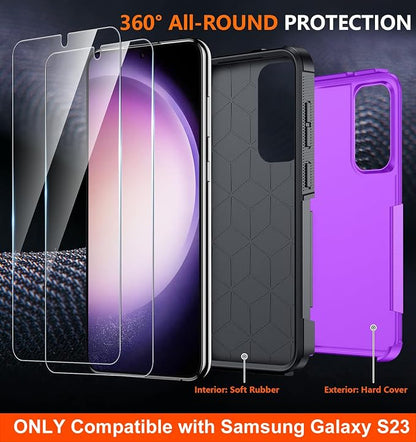 SPIDERCASE Designed for Samsung Galaxy S23 Case, [10 FT Military Grade Drop Protection], 2 Pack [Tempered Glass Screen Protector+Camera Lens Protector] Heavy Duty Shockproof Case, Dark Purple