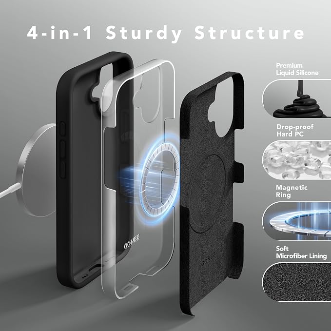 GONEZ Magnetic for iPhone 16 Case, Compatible with MagSafe, [Screen Protector + Camera Lens Protector], Liquid Silicone Shockproof Protective Phone Case for iPhone 16 6.1", Black