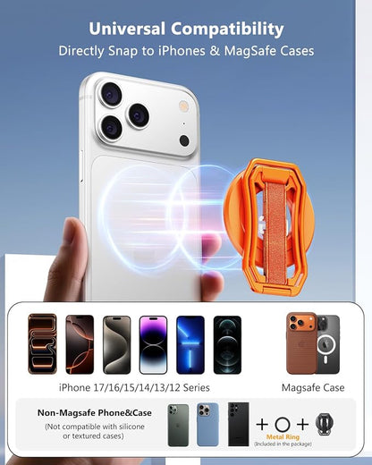 Oerwin for Magsafe Phone Grip Stand, 6-in-1 Magnetic Phone Holder for Magsafe Kickstand, 360° Rotation Phone Ring Holder with Elastic Strap, Compatible with iPhone 17/16/15/14/13/12 Series & Android