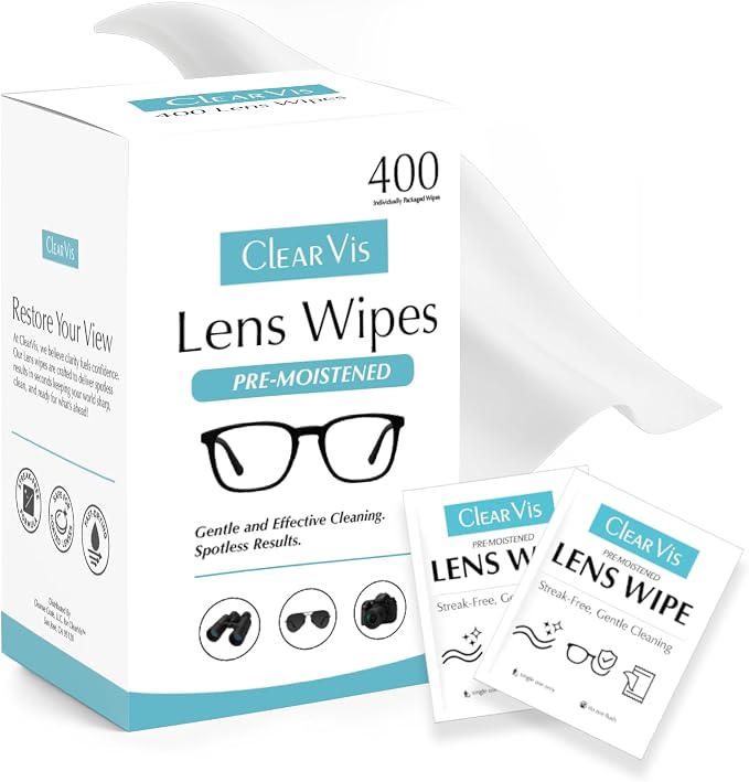 Pre-Moistened Lens Wipes – ClearVis 400 Individually Wrapped Wipes, Streak-Free Cleaning for Eyeglasses, Phones, Cameras, Binoculars, & Screens – Fast-Drying, Anti-Smudge Formula
