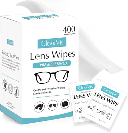 Pre-Moistened Lens Wipes – ClearVis 400 Individually Wrapped Wipes, Streak-Free Cleaning for Eyeglasses, Phones, Cameras, Binoculars, & Screens – Fast-Drying, Anti-Smudge Formula