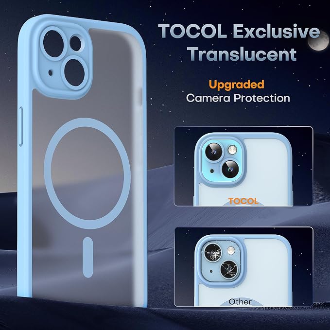 TOCOL Magnetic for iPhone 15 Case, Upgraded Full Camera Protection, Compatible with Magsafe, Drop Protection, Translucent Matte Back Bumper Phone Cover 6.1-Inch (Light Blue)