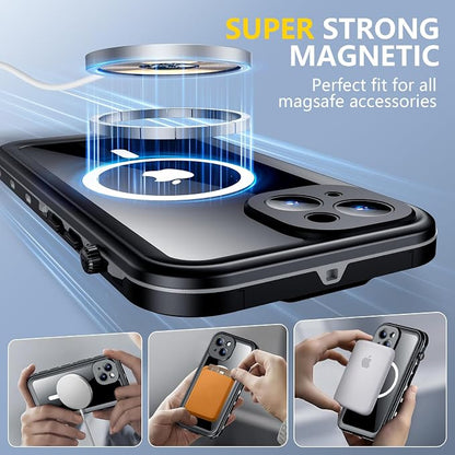 Red2Fire for iPhone 14 Case Waterproof, [Built-in Screen Protector & Camera Protector][Compatible with MagSafe][Full Body Shockproof][IP68 Waterproof][Dustproof] Phone Case 6.1" Black/Clear