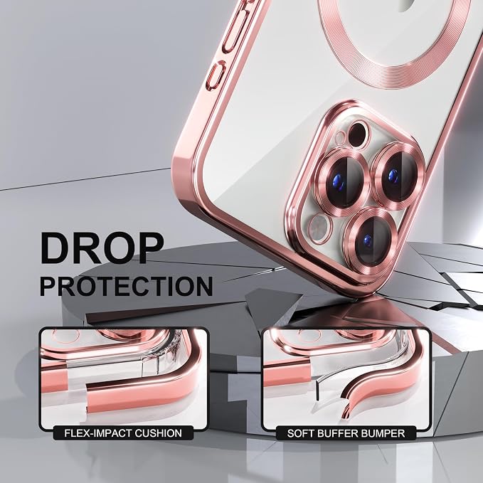 Misea Magnetic for iPhone 15 Pro Max Case with MagSafe [Never Yellowing] [Military Grade Drop Protection] Full Camera Lens Protector Plating Soft Clear Phone Case for Women Girls, Pink
