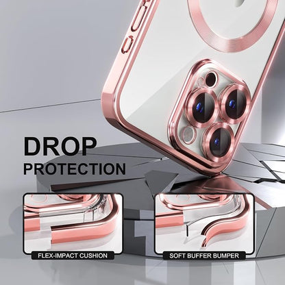 Misea Magnetic for iPhone 15 Pro Max Case with MagSafe [Never Yellowing] [Military Grade Drop Protection] Full Camera Lens Protector Plating Soft Clear Phone Case for Women Girls, Pink