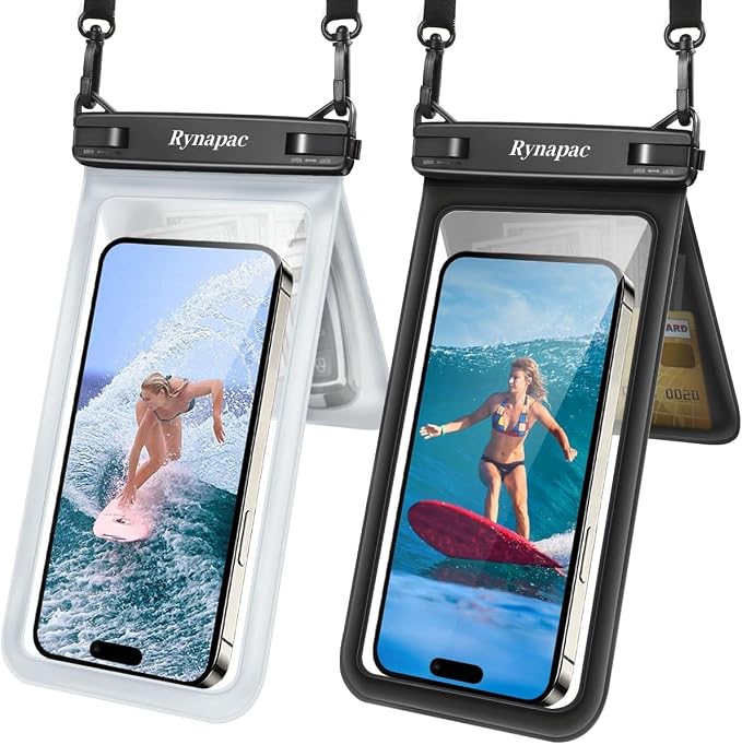 Rynapac IPX8 Waterproof Phone Pouch 2 Pack, [Up to 8.5''] Double Space Waterproof Phone Case with Lanyard for iPhone 17 16 15 14 Pro Max, Cellphone Dry Bag for Beach Vacation Cruise Essentials