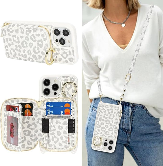 Crossbody Wallet Case for iPhone 14 Pro Max, PU Leather Zipper Handbag Purse Flip Cover, Kickstand Folio Case with Card Slots Holder Wrist Strap Lanyard 5G 6.7 Inch-White Leopard