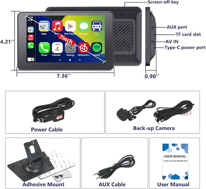 Carplay Screen for Car with Apple CarPlay/Android Auto, 7" Wireless Car Stereo, Portable Touchscreen Car Radio with Bluetooth, Backup Camera, GPS Navigation, Mirror Link,Multimedia Player All Vehicles