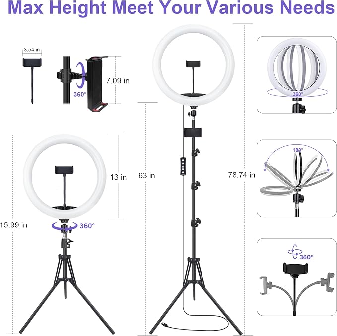 12" Selfie Ring Light with 75" Tripod Stand & 2 Phone Holder, LED Camera Ringlight with 48 RGB Colors Modes & Musical Rhythm Mode and 12 Brightness Dimmable for TikTok/Makeup/Photography/Vlog