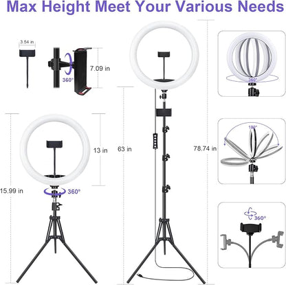 12" Selfie Ring Light with 75" Tripod Stand & 2 Phone Holder, LED Camera Ringlight with 48 RGB Colors Modes & Musical Rhythm Mode and 12 Brightness Dimmable for TikTok/Makeup/Photography/Vlog