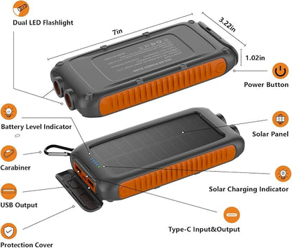 Solar Charger Power Bank 49800mAh, Portable Solar Phone Charger with 2 USB-A & USB-C Ports, 15W Fast Charging for iPhone, Samsung and More, Dual Flashlightfor Camping, Travel & Emergency Backup