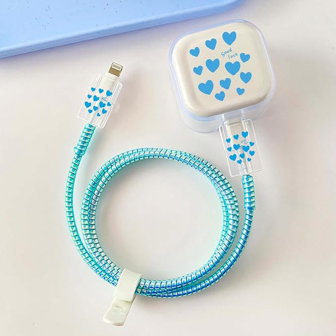 Charger Cover Protection Set, Compatible with Apple 40W Dynamic Power Adapter (with 60W Max), Lucky & Pretty Flexible TPU Charger Case + Laser Spiral Charging Cable Protector, Blue Heart(5in1)