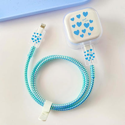 Charger Cover Protection Set, Compatible with Apple 40W Dynamic Power Adapter (with 60W Max), Lucky & Pretty Flexible TPU Charger Case + Laser Spiral Charging Cable Protector, Blue Heart(5in1)