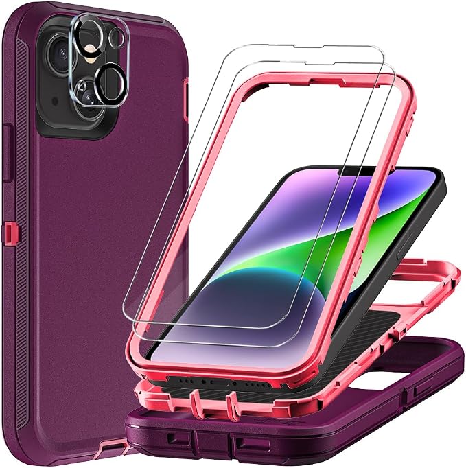 for iPhone 14 Plus Case with 2Pcs Tempered Glass Screen Protector and 1Pcs Camera Lens Protector, Military Grade 3 in 1 Heavy Duty Shockproof/Drop Proof/Dust Proof Case (Wine Red/Rose Pink)