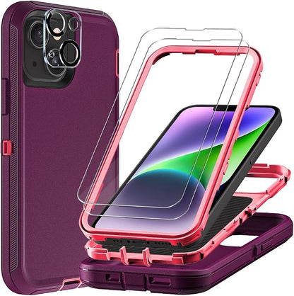 for iPhone 14 Plus Case with 2Pcs Tempered Glass Screen Protector and 1Pcs Camera Lens Protector, Military Grade 3 in 1 Heavy Duty Shockproof/Drop Proof/Dust Proof Case (Wine Red/Rose Pink)