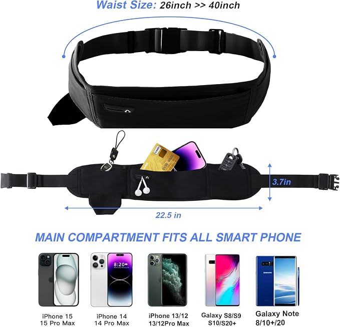 Running Hydration Belt with Water Bottle Holder, Phone Storage, Black