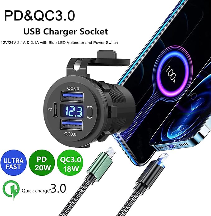 Zennova [5 Pack] 12v USB Outlet, Dual USB Quick Charge 3.0 Port and PD USB C Car Charger Socket Waterproof with Voltmeter and Power Switch for Car Golf Cart Boat Marine Bus Truck RV Marine Motorcycle