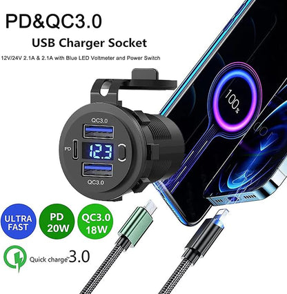 Zennova [5 Pack] 12v USB Outlet, Dual USB Quick Charge 3.0 Port and PD USB C Car Charger Socket Waterproof with Voltmeter and Power Switch for Car Golf Cart Boat Marine Bus Truck RV Marine Motorcycle