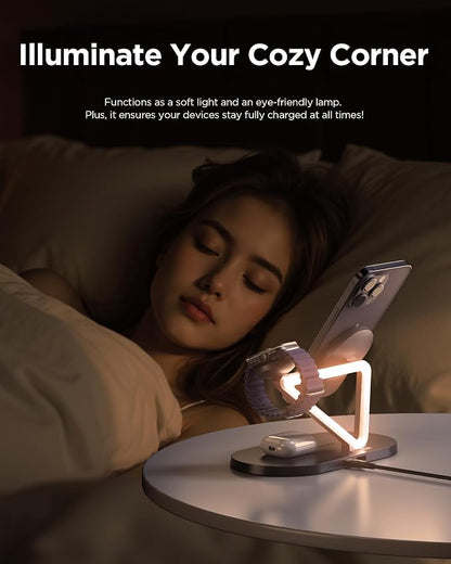 PISEN Mag-Safe Wireless Charger Stand - 3-in-1 Wireless Charging Station, Qi2 Certified 15W Mag-Safe Wireless Charger Stand with Night Light for iPhone 17/16/15/14/13/12 Series, Apple Watch, AirPods