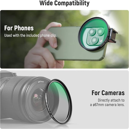 NEEWER 67mm 1/4 Black Diffusion Filter & Cold Shoe Phone Clip, Pouch & Lens Cleaning Cloth, Compatible with iPhone 17 16 16e 15 Pro Max Android Samsung Galaxy S25 Ultra
